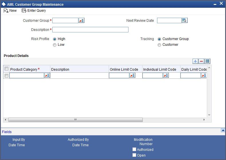 You can define product categories applicable to customer groups through the AML Customer Group Maintenance screen.