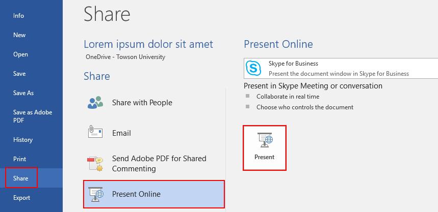 Presenting a Document from an Office Desktop App Files created in any of the Office applications can be quickly presented online using Skype for Business.