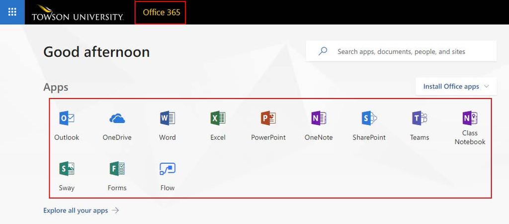 Launching an App Office 365 has many online apps that will allow you to work on your files in the cloud. Some of these apps include Microsoft Word, Excel, and PowerPoint.