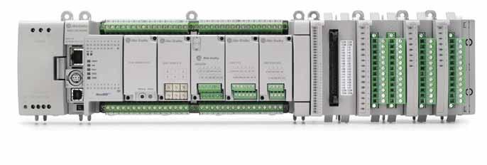 Select a Micro850 Controller A Micro850 controller with a power supply, plug-in modules, and four expansion I/O modules attached Micro850 controllers are suitable for applications that require more