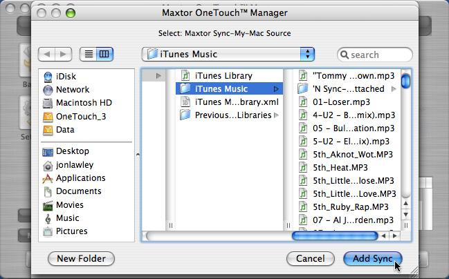 In this example, the user's itunes folder was selected. After making your selection, click the Add Sync button.