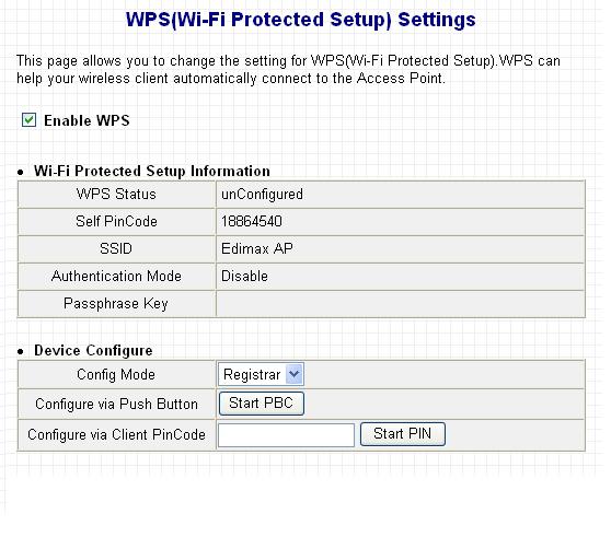 Here are descriptions of every setup item: Enable WPS Wi-Fi Protected Setup Information Check this box to enable or disable WPS function All information related to WPS will be displayed here, they re