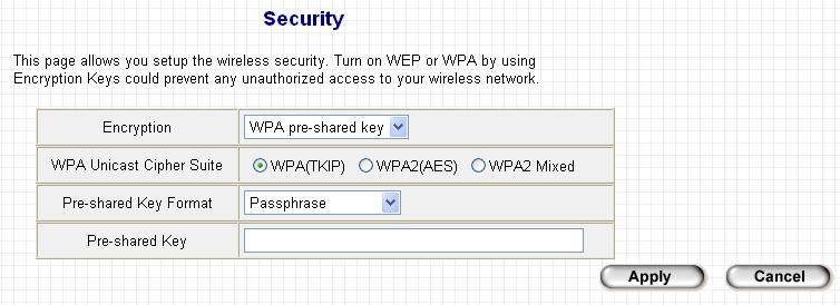 2-7-3 WPA Pre-shared Key WPA Pre-shared key is the safest encryption method currently, and it s recommended to use this encryption method to ensure the safety of your data.