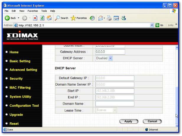 DHCP Server Setting DHCP Server will automatically give your LAN client an IP address. If the DHCP is not enabled then you ll have to manually set your LAN client s IP address.