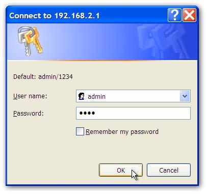 3. A screen will be popped up and request you to enter user name and password. The default user name and password is as follows.