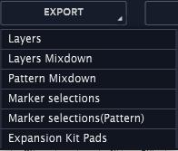 Exporting Layers and Pads Click on the export button at the top bar to access the different options for exporting audio files (.wav format) from Regroover Pro to a folder of your choice.