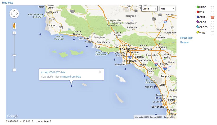 Figure 2. CDIP stations offshore of California. Step 3. Select a CDIP station in the area of interest.