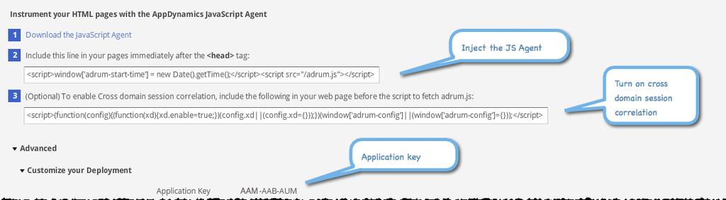 After you include the app key snippet, the start-time snippet, and the agent, the <head> section in your monitored web pages should resemble the following example, although your app key will