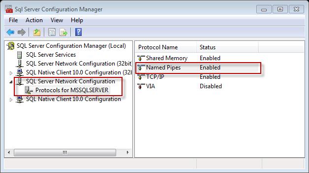 Enable Named Pipes To enable named pipes do the following: Logon Run SQL Server Configuration Manager Navigate to SQL Server Network Configuration -> Protocols for MSSQLSERVER Confirm that Named