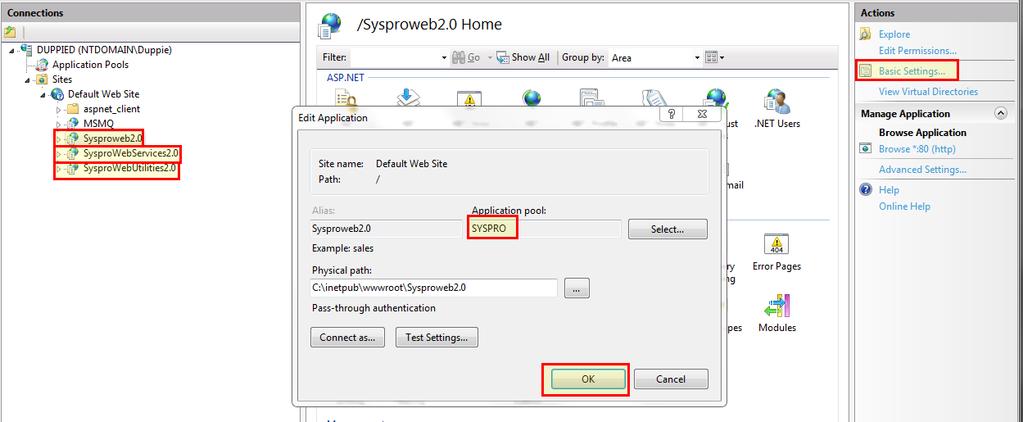 Basic Settings In the resulting window, click the Application pool Select button and choose the SYSPRO Application Pool.