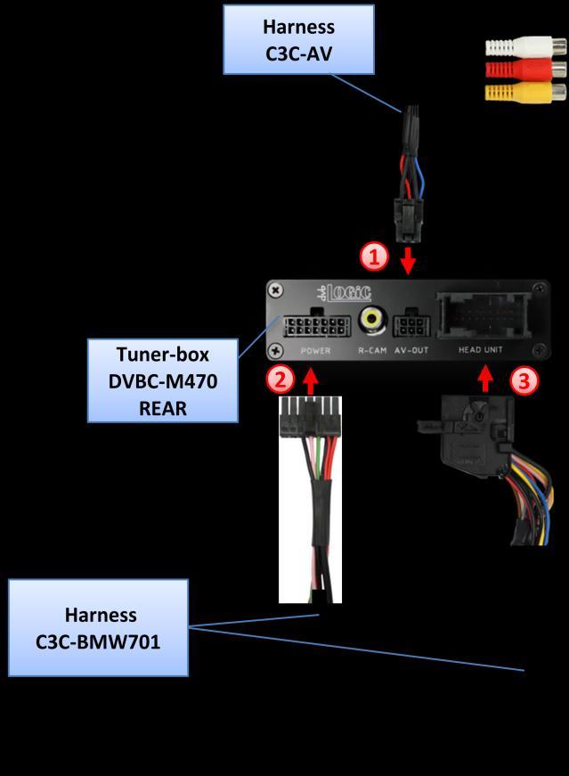3.1. Interconnecting tuner-box and harnesses Plug harness C3C-AV into 6pin Molex of tuner-box DVBC-M470.