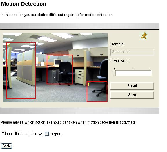 9 Administrator Mode 9.1.2 Motion Detection Motion detection is used to generate an alarm whenever movement occurs in the video image.