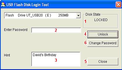 3. Lock.exe Interface Click on the Lock.exe icon to activate the USB Flash Disk Login Tool window. 1. Disk State: Indicates the access state of USB flash disk.