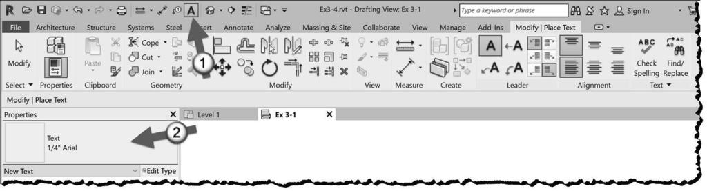 Residential Design Using Autodesk Revit 2019 Notice the current prompt on the Status Bar at the bottom of the screen; you are asked to Click to start text or click and drag rectangle to create