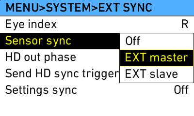Sync EXT Sync (sensor sync and settings sync) Like in the Super 35 ALEXA cameras, it is now possible to precisely synchronize the sensors and the settings of two ALEXA LF cameras for 3D shooting or
