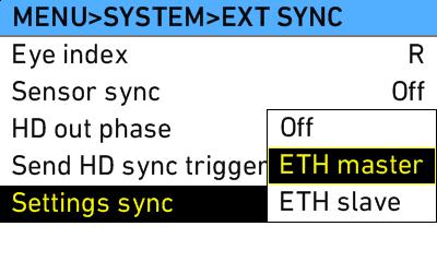 Sensor sync MENU > SYSTEM > EXTERNAL SYNC > SENSOR SYNC Two ALEXAs running at at least one fps can be synced using the EXT cable (ALEXA EXT - EXT Cable (2.0m/6.6ft) KC 155-S - K2.72032.0).