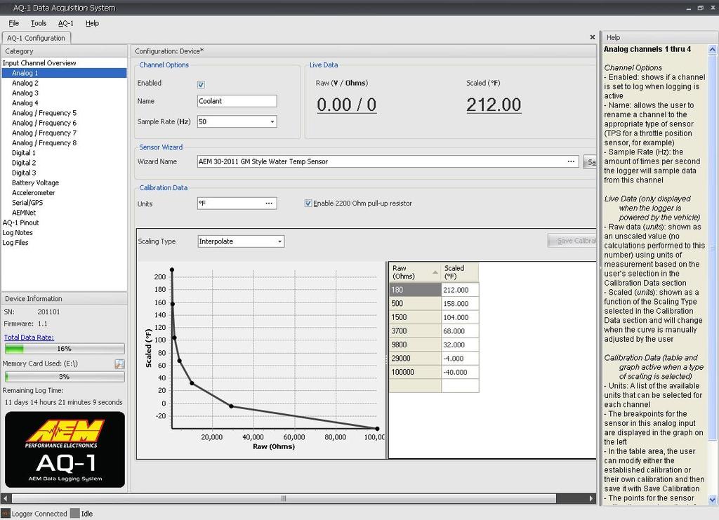 being used. Sensors are selected by clicking on the browse button in the Wizard Name box. A graph and table of the sensor calibration data are also shown at the bottom of the page.
