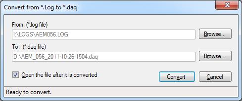 The convert pop-up window will appear showing the selected file and the destination for the converted file. Click on the Convert button to convert the.log file.
