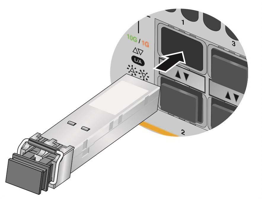 x550 Series Installation Guide for Stand-alone Switches Figure 56. Installing an SFP Transceiver Note If you are ready to attach the fiber optic cable to the transceiver, continue with the next step.