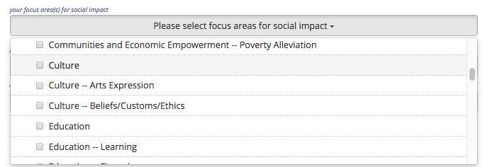 Select your focus area(s) for social impact from the drop-down list.