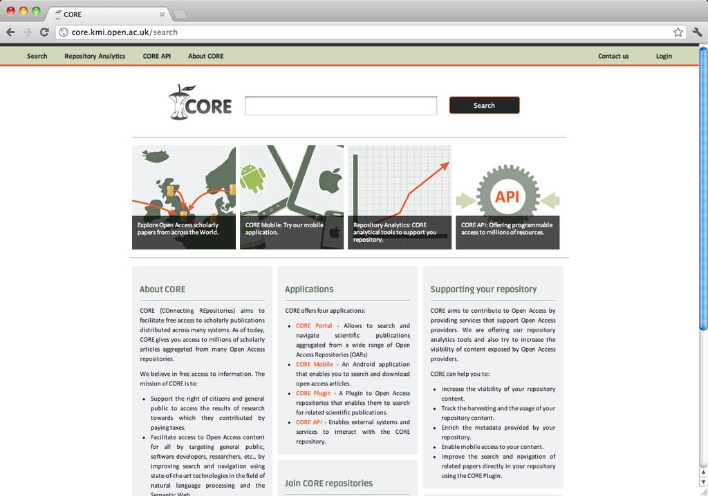 CORE applications (1) CORE Portal Allows searching and