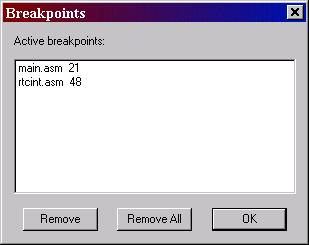 Breakpoints Debugging Features - Breakpoints The second breakpoint we will set in the RCTINT.asm file. Scroll down to the statement dec [outputv] Click on the left margin next to this statement.