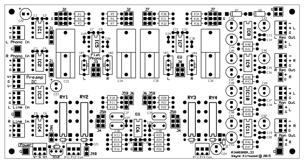 Assembly Instructions for the KA Electronics RIAA EQ Monitor Switcher Install IC sockets EQ Monitor Switcher PC Board Stuffing Guide Place the PC Board on the bench silkscreen side face up.