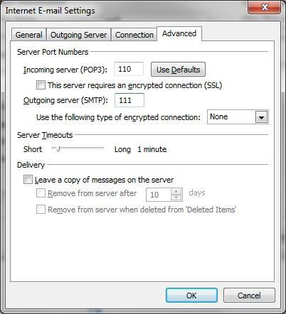 8. Click the Advanced tab, and you will see this: - Change the Outgoing server (SMTP) port to 111