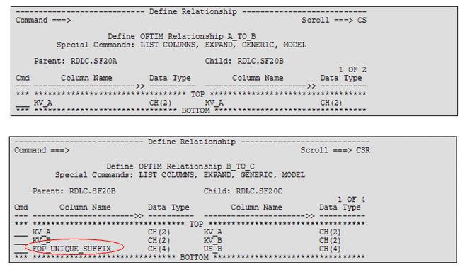 Here are the Sample Relationship Definitions: In the relationship definitions for these segments, FOP_UNIQUE_SUFFIX in the parent
