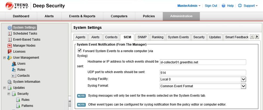 SYSTEM EVENT LOG FORWARDING INTEGRATE The integration of Trend Micro Deep Security for system events forwarding to Sumo Logic is done via system setting (Administration System Settings SIEM)