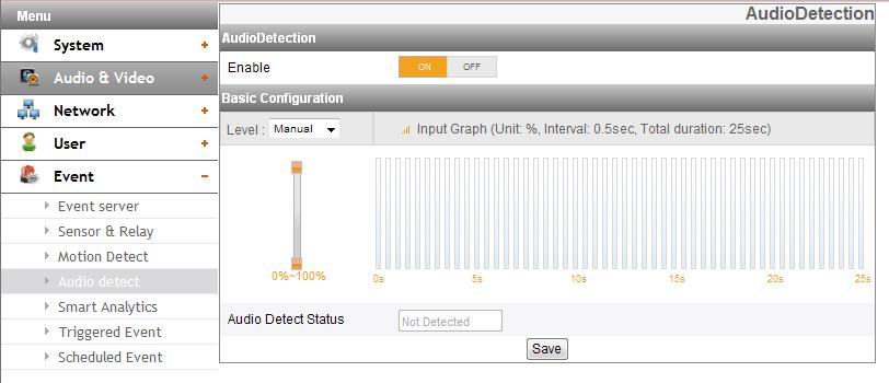 Audio detect (Applicable model: LNB5320, LNV5320R, LNU5320R) Audio Detection > > Enable: Set to [ON] or [OFF]. The Basic Configuration menu is displayed when selects [ON].