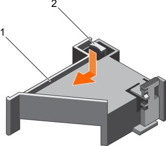Figure 45. Installing the PCIe card holder 1. PCIe card holder 2. release tab Next steps 1. If applicable, replace the full-length PCIe card. 2. Follow the procedure listed in the After working inside your system section.