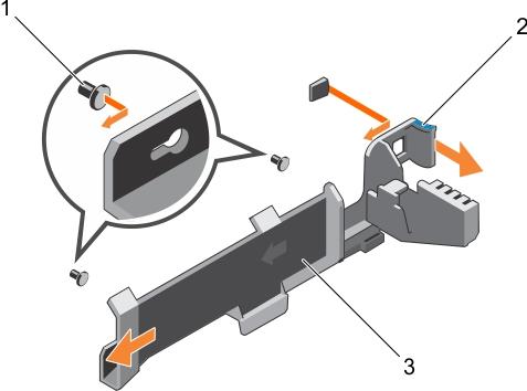 Steps 1. Pull the tab to release it from the notch and slide the cable retention bracket toward the front of the chassis to release it from the chassis. 2.
