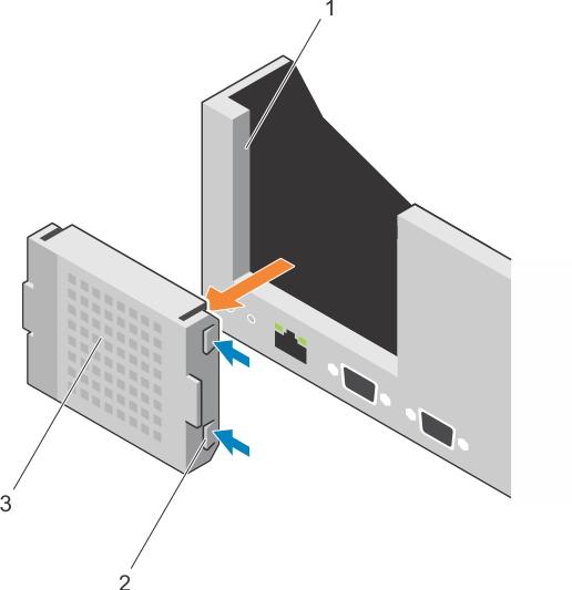 Figure 56. Removing the riser 1 blank 1. slot on the chassis 2. tab (2) 3. riser 1 blank Next steps 1. Install the expansion card risers. 2. Follow the procedure listed in the After working inside your system section.