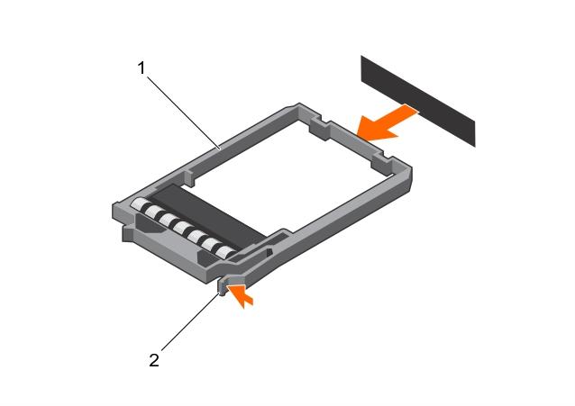 Figure 100. Removing a 1.8-inch hard drive blank 1. hard drive blank 2. release button Next step If applicable, install the front bezel.