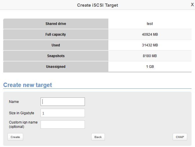 User Guide for euronas Software P a g e 15 DATA MANAGEMENT ISCSI TARGET MANAGEMENT Create iscsi Target In iscsi target menu click on create iscsi target in order to create a new iscsi target.