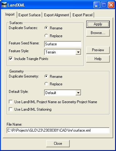 Importing LandXML data into InRoads All LandXML data is imported in one