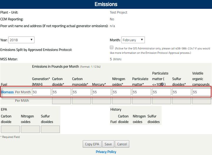 Note: Generators located in New England will report gross monthly emissions output and Import generators will report emissions in lbs./mwh 5. Click the Save button to save emissions entry. D.