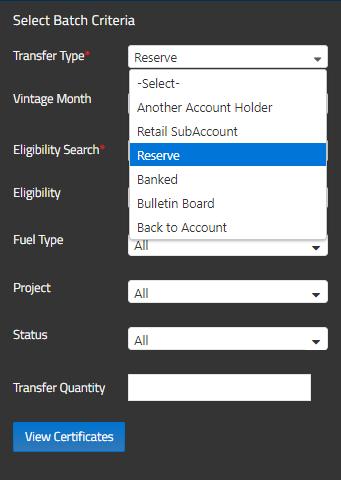 4. Under the Eligibility Search drop-down in the Select Batch Criteria section, User selects an
