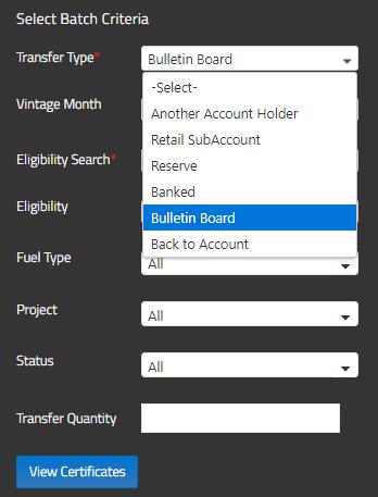 8. Under the Eligibility Search drop-down in the Select Batch Criteria section, User selects an