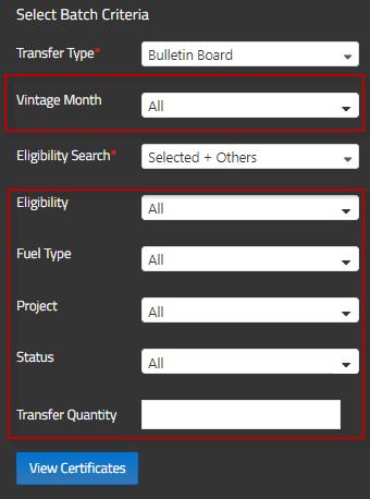 Note: In the Transfer Quantity field of the selection criteria, User can enter the total number of RECs to transfer without having to manually select the batch(es) in the right pane. 10.