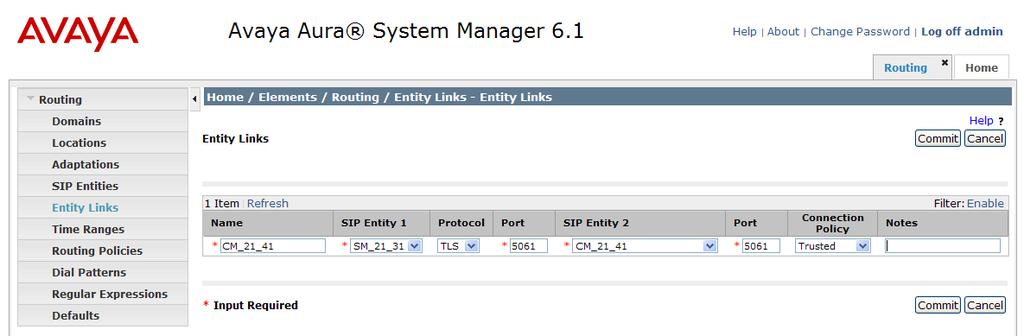 5. Add Entity Links A SIP trunk between Session Manager and a telephony system is described by an Entity link.