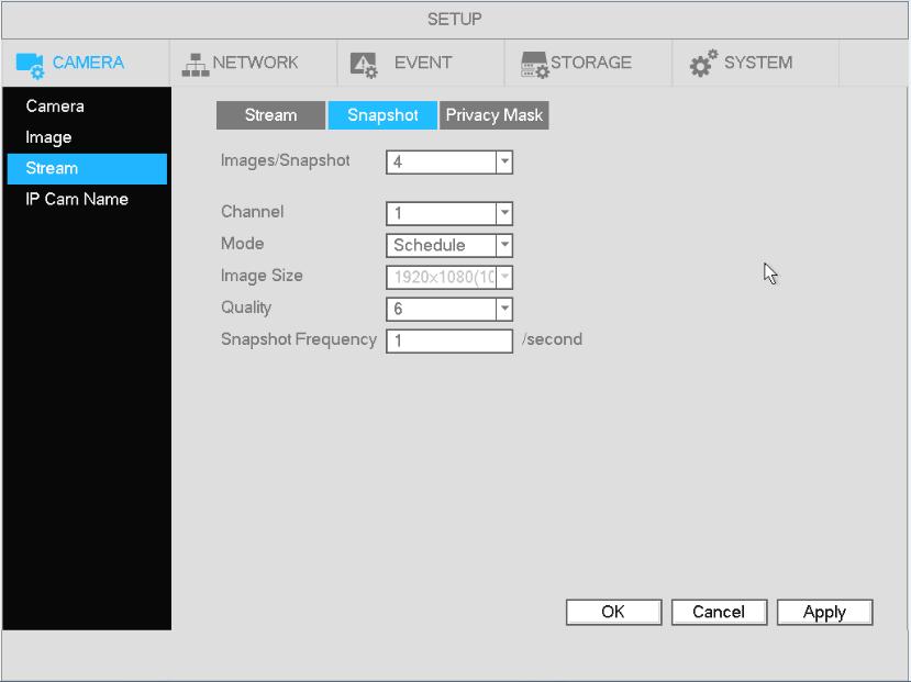 Figure 4-32 After snapshot recording is enabled, go to Main Menu->Setup->Camera->Stream->Snapshot, as shown in