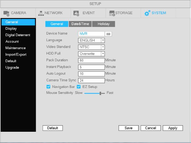 4.12 General System Setup 4.12.1 Device Setup Go to Main menu->setup->system->general for the general setup interface. Pack duration: Recording duration for a single file.