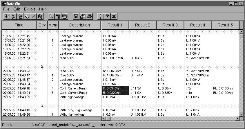 PC Software - CE Link Fig. 71. Data file window In the table all failed measurements will be marked by red color.