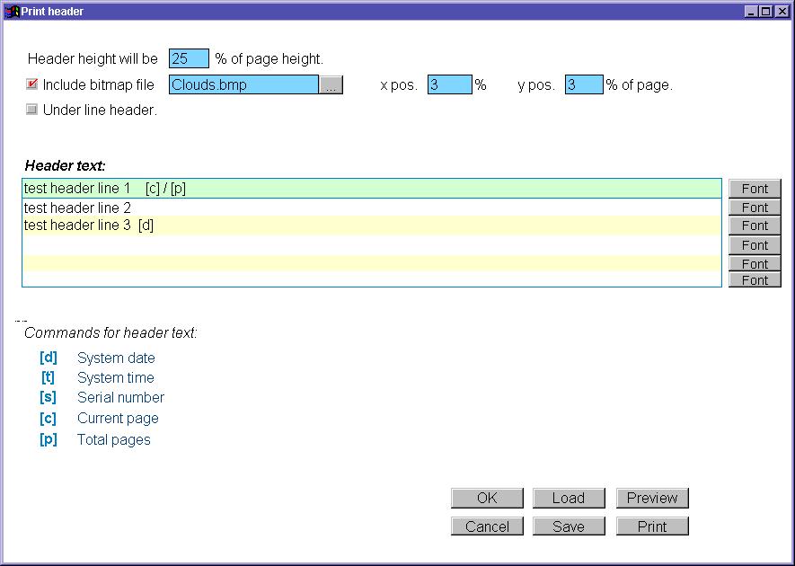 PC Software - CE Link Header options define header height, include bitmap file (user logo - in our example windows clouds.