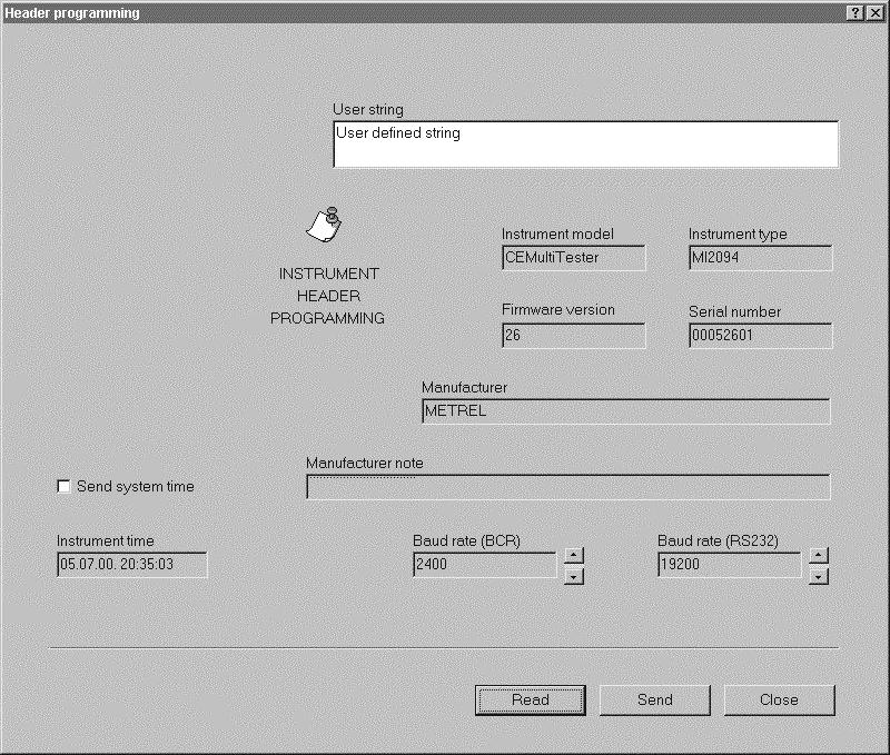 PC Software - CE Link 7.6. Header programming Fig. 74. Header programming window This window represents info window for your instrument (called header).