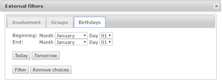 Birthdays: There are "Quick Select" buttons for "Today" and "Tomorrow". A list of birthdays between two dates can be selected by using the Beginning and End Month and Day dropdowns.