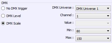 Option DMX Level Choose the input universe and channel Choose the trigger level witch one if you go over it the scene starts and