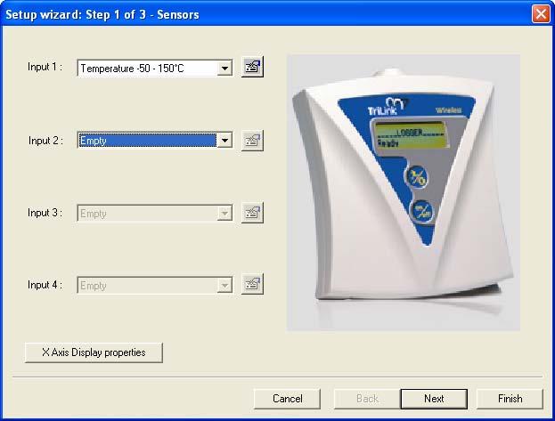 3.6. Programming TriLink 3.6.1. Setup 1. Quick setup Use the Setup wizard to guide you through the setup process. 1. Click Setup wizard on the main toolbar to open the Setup wizard: Figure 21: Setup wizard: Step 1 of 3 The first step is to assign sensors to each input.